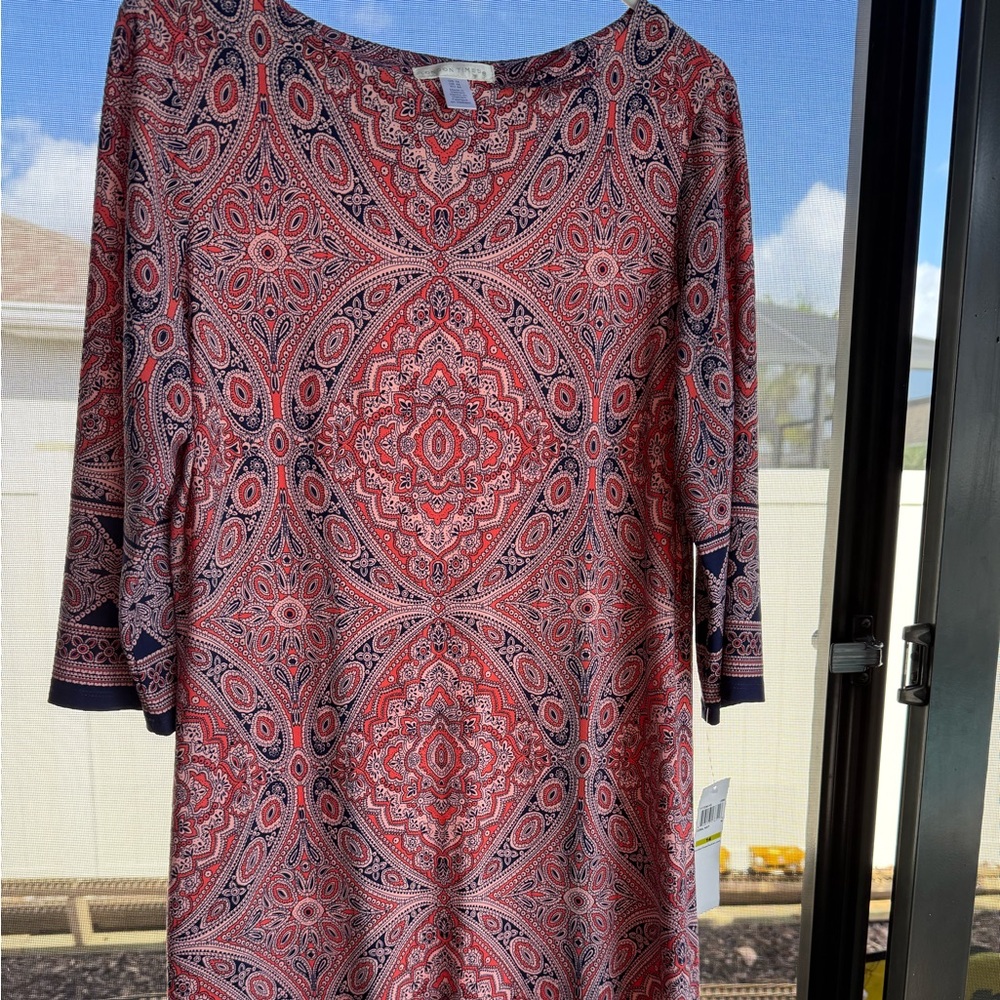 London Times Dress Shift 3/4 Sleeves Paisley Print Coral Navy NWT size 14